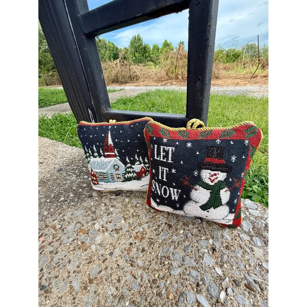 Vintage Christmas Needlepoint Pillow Doorhangers Set of 2 Snowman Church Winter